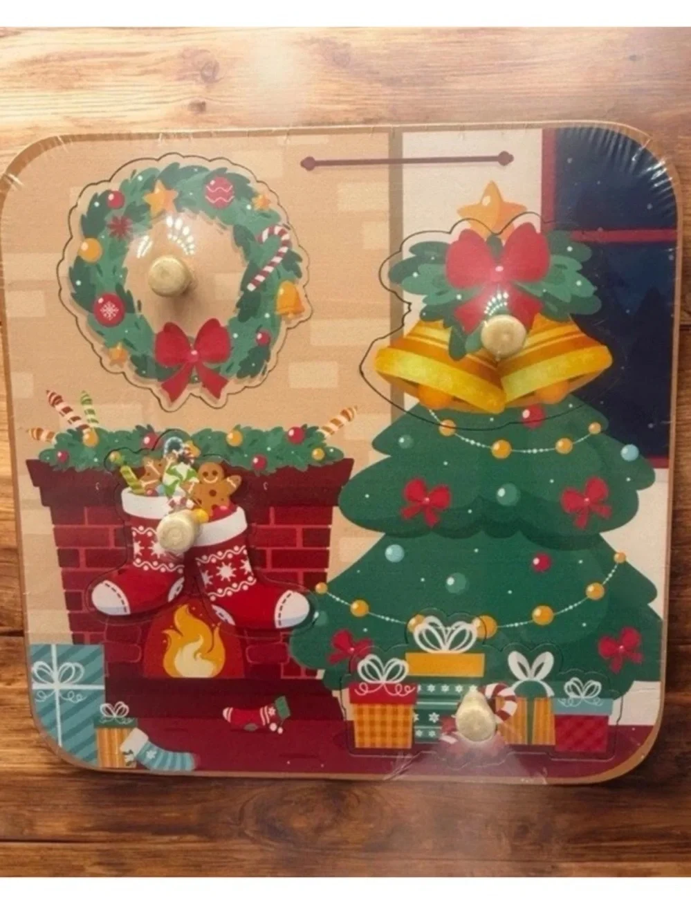 6” x 6” Christmas Tree Wreath Wooden Peg Block Puzzle Kids Holiday Games Toys